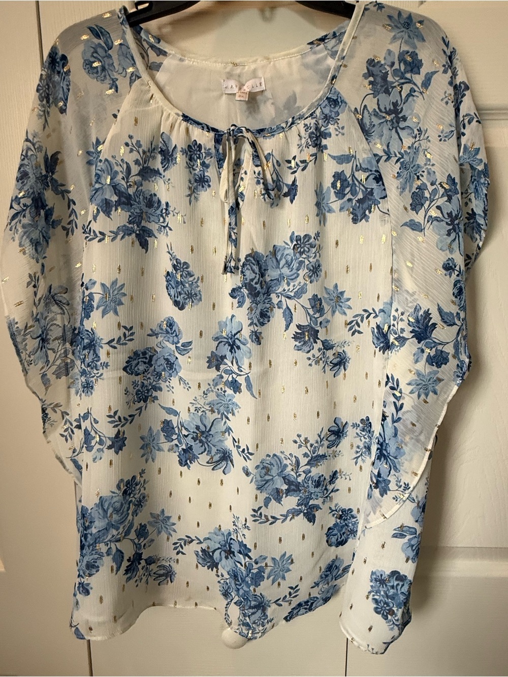 # Blue Floral 2X Sheer Tie-Neck Blouse (Lined)